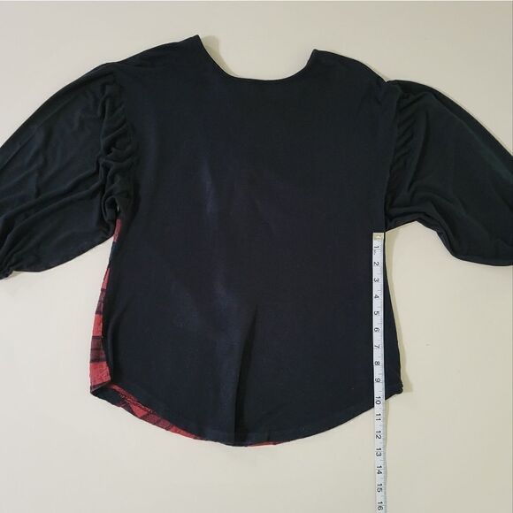 DayTrip Women's Black Balloon Sleeves Top with Buffalo Check Back - Picture 5 of 8